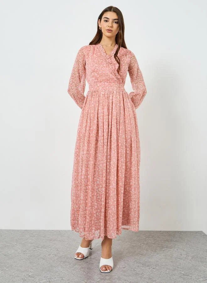 ستايلي فستان طويل شيفون بحافة واسعة وطبعة أزهار للنساء